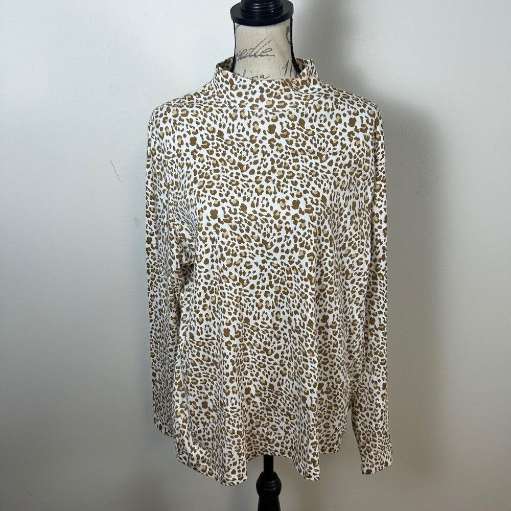 Kim Rogers Perfectly Soft Mock Neck Top Womens XL White Brown Leopard Print